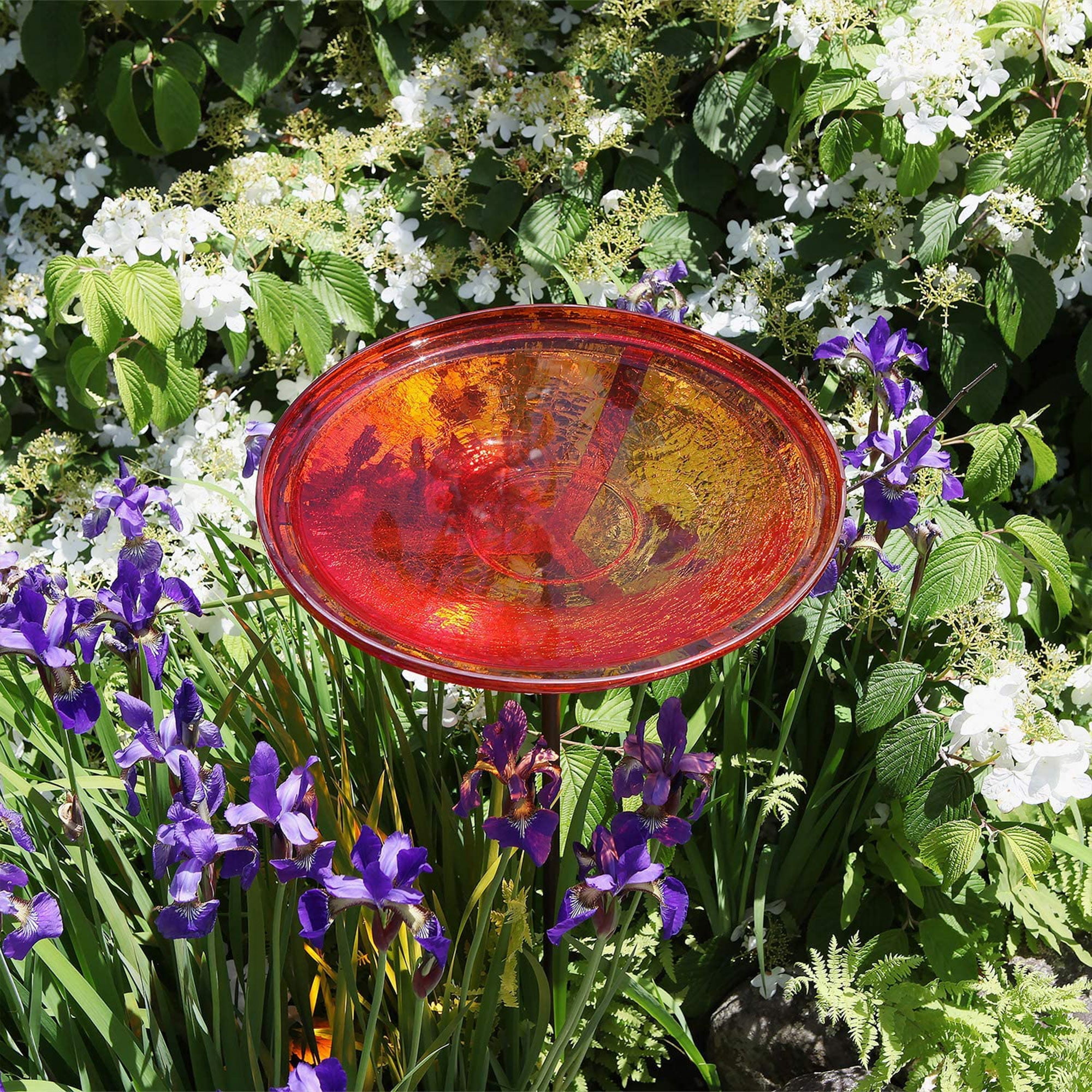 Achla Designs 14 In Hand Blown Crackle Glass Birdbath w/ Stake, Red