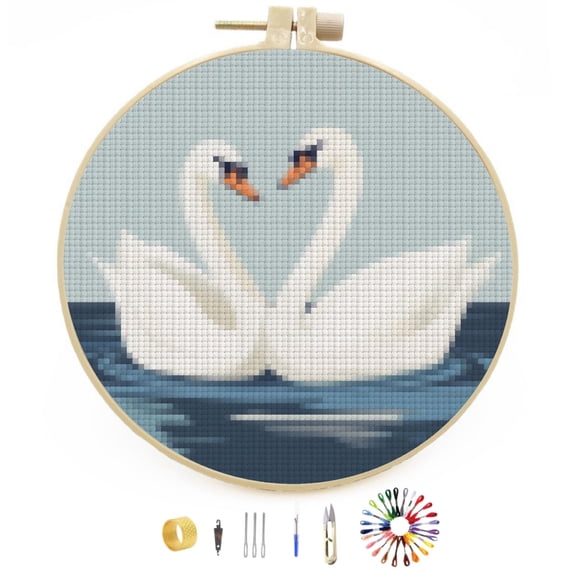 Couple of Swans Swimming Stamped Cross Stitch Kits for Beginners with Hoop Simple Patterns 11CT Counted Embroidery Needlepoint Crafts Arts for DIY Enthusiasts and Home Decor 26x26cm(2)