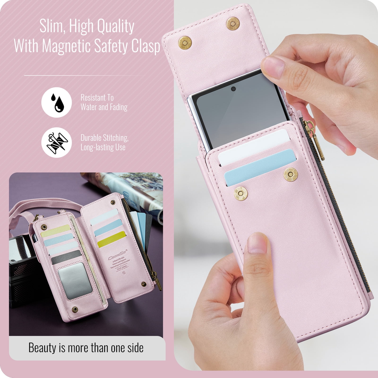 Crossbody Phone Bag Purse Wallet Case for iPhone/Galaxy/Pixel Series Cell Phones (Less Than or Equal to 7.6"), with Shoulder/Wrist Strap Lanyard, RFID Blocking Credit Card Slots, PU Leather Bag, Pink