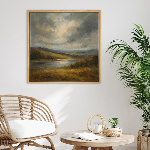 Framed Canvas Print Vintage Countryside Landscape Wall Art Antique Decorative for Living Room Bedroom - 16"x16" NATURAL