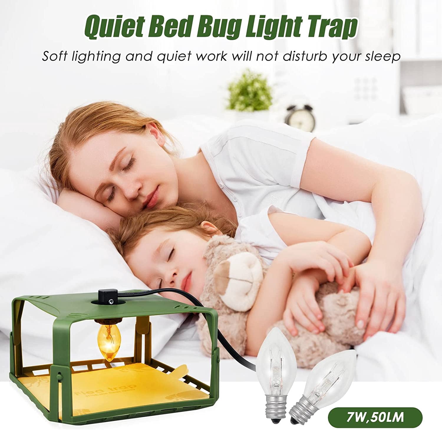 G·PEH 2 Pack Flea Traps with 4 Sticky Discs & 6 Bulbs & 2 Electric Wires, Flea Killer Indoor Bed Bug Trap Pest Control, Safe & Harmless, Friendly to Pets & Kids-Adjustable Height, Green