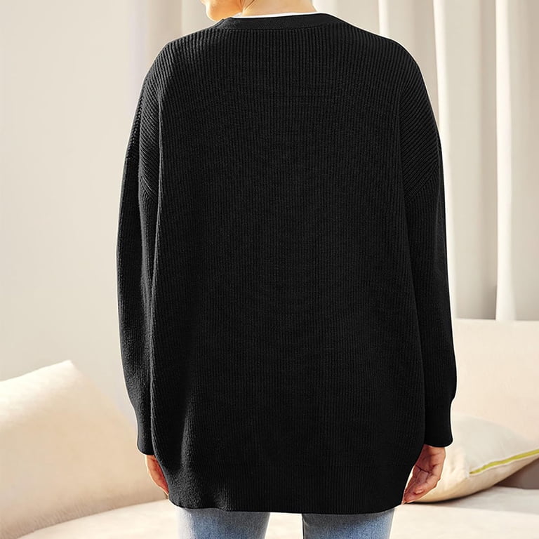 MURMUREY Women's Oversized Ribbed Cardigan - Open Front Puff Sleeve Knit Sweater Coat, Black