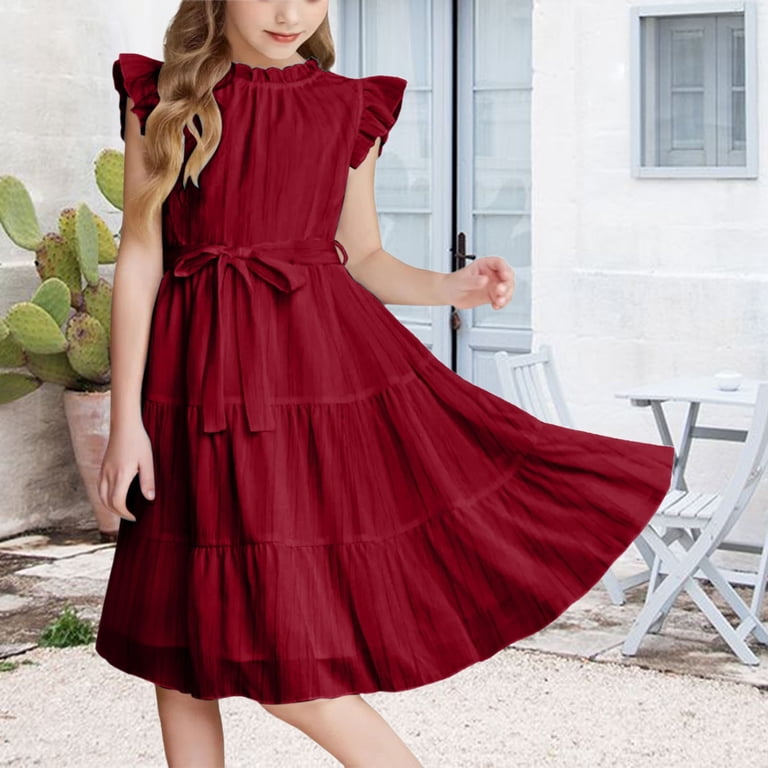 tween winter dresses XXWXYD Girls Summer Dress Formal Ruffl𝖾 Sleeve A Line Casual Elegant Belt Par𝗍y Sundress Swing 𝖥lowy Midi Dress Church School Wedding Color:Offwhite Back zipper FEATURES NPU-Deejay-202515 Mchoice Womens Boho Dresses