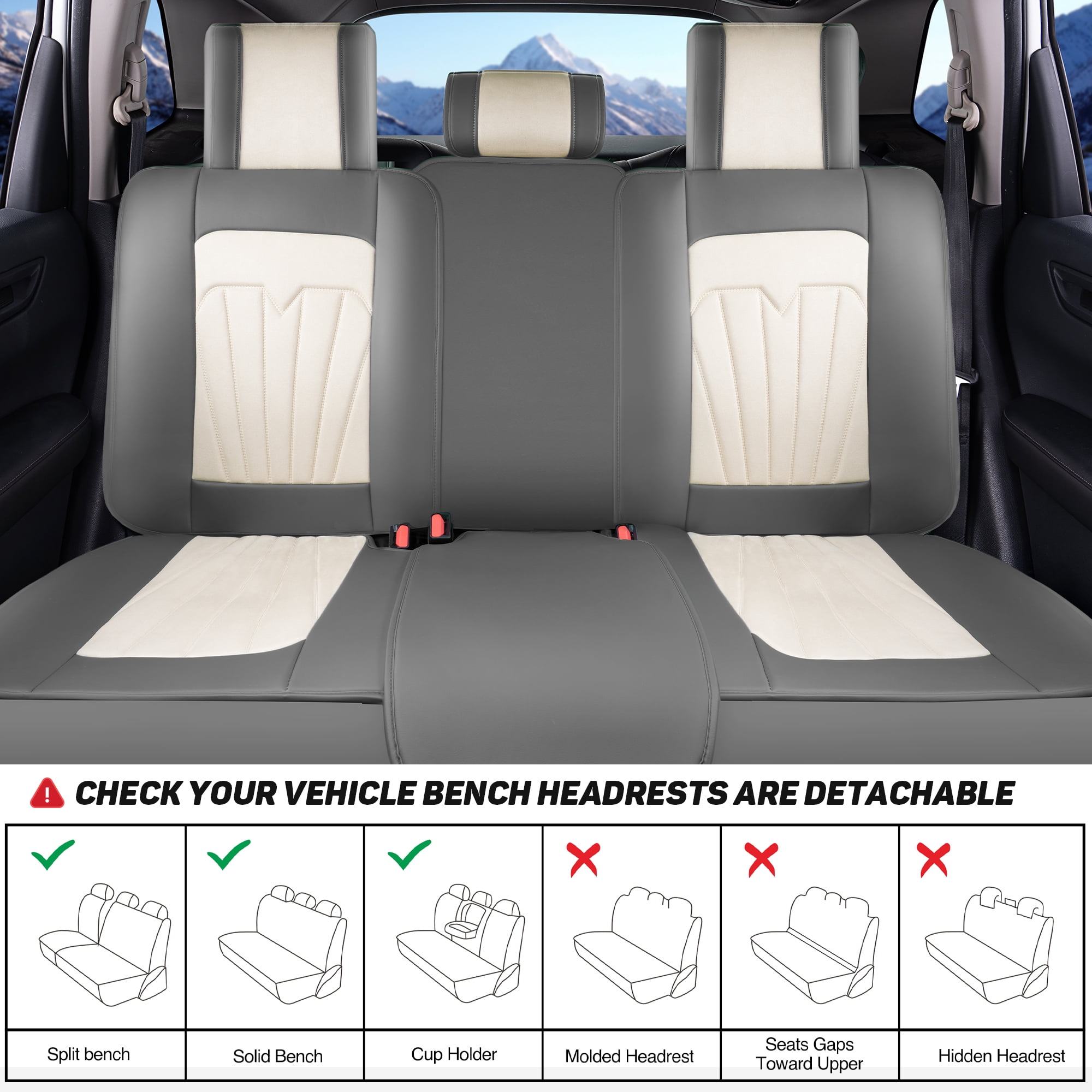 Caromop Universal Car Seat Covers Full Set,3D Foam Support in Velvet & PU Leather,Armrest Compatible for Cars, Trucks, SUVs (Beige/Gray)