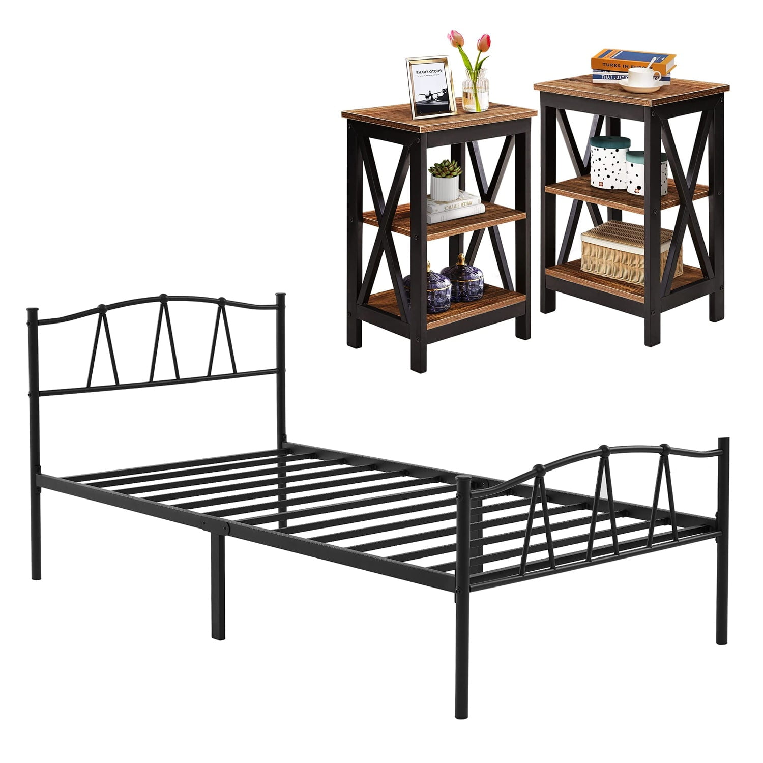 VECELO 3Piece Bedroom Set with Metal Bed Frame and 2 Nightstand, Twin Size