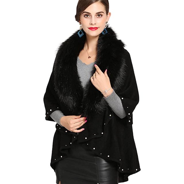 LinYooLi Women's Faux Fur Collar Shawl Wrap Fashionable Solid Color Poncho Cape Open Front Cardigan for Fall Winter 2022