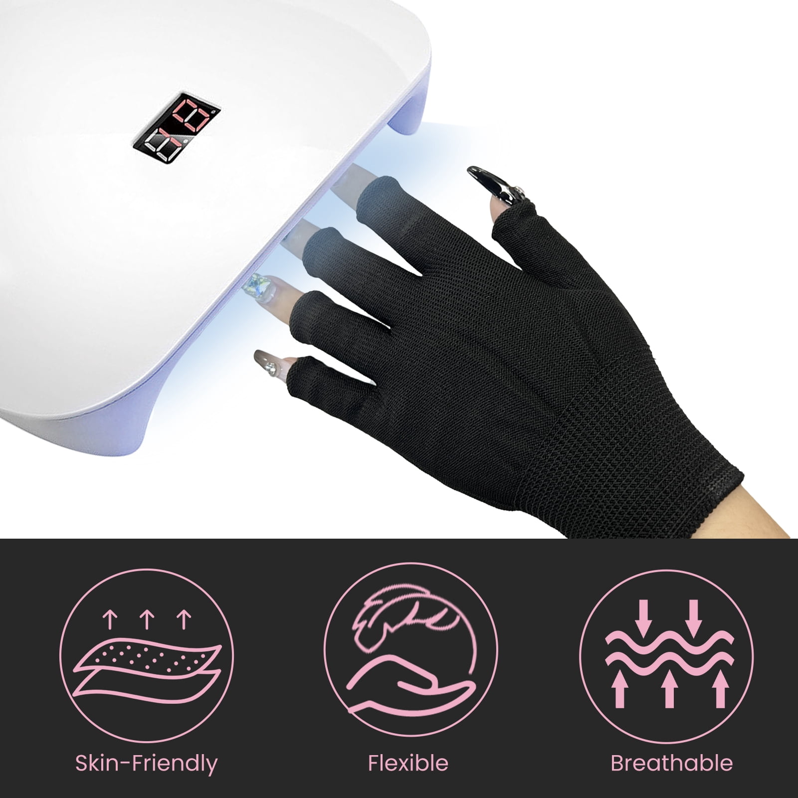 Alvantor UV Protection Gloves for Gel Nail Lamp, Professional UPF50+ Manicure Gloves, Black