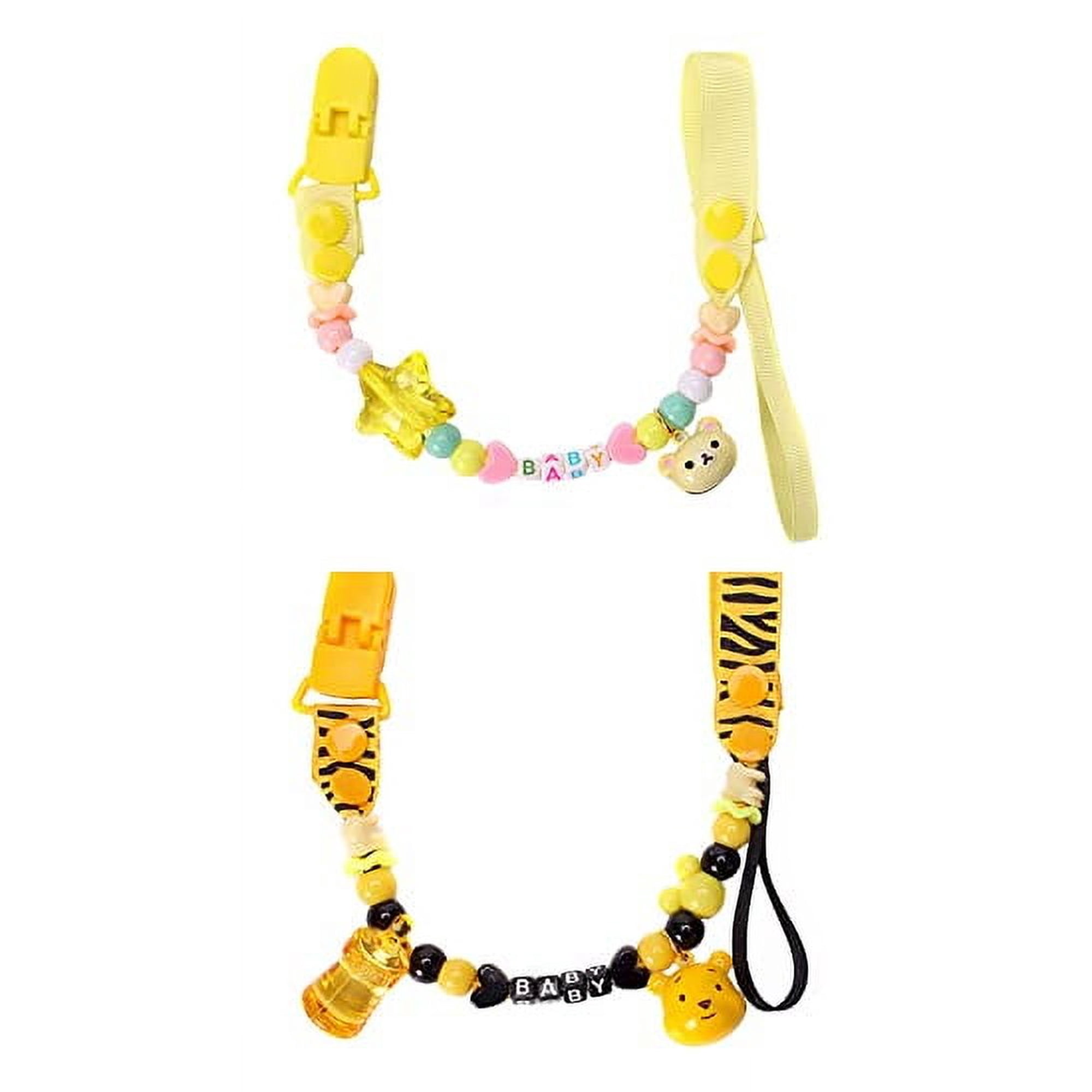 CutiePlusU Adult Pacifier Clip Teething Beads Pacifier Clip Stylish Birthday Gift Yellow Stars and Bear 2 Pcs Pack