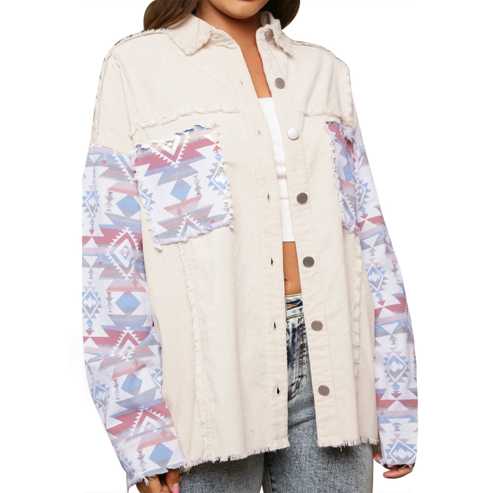 Womens Coat Women s Denim Jackets 2023 Aztec patchwork jacket with washed edge front pocket denim Ladies coat Adult Female Clothes Beige Size M
