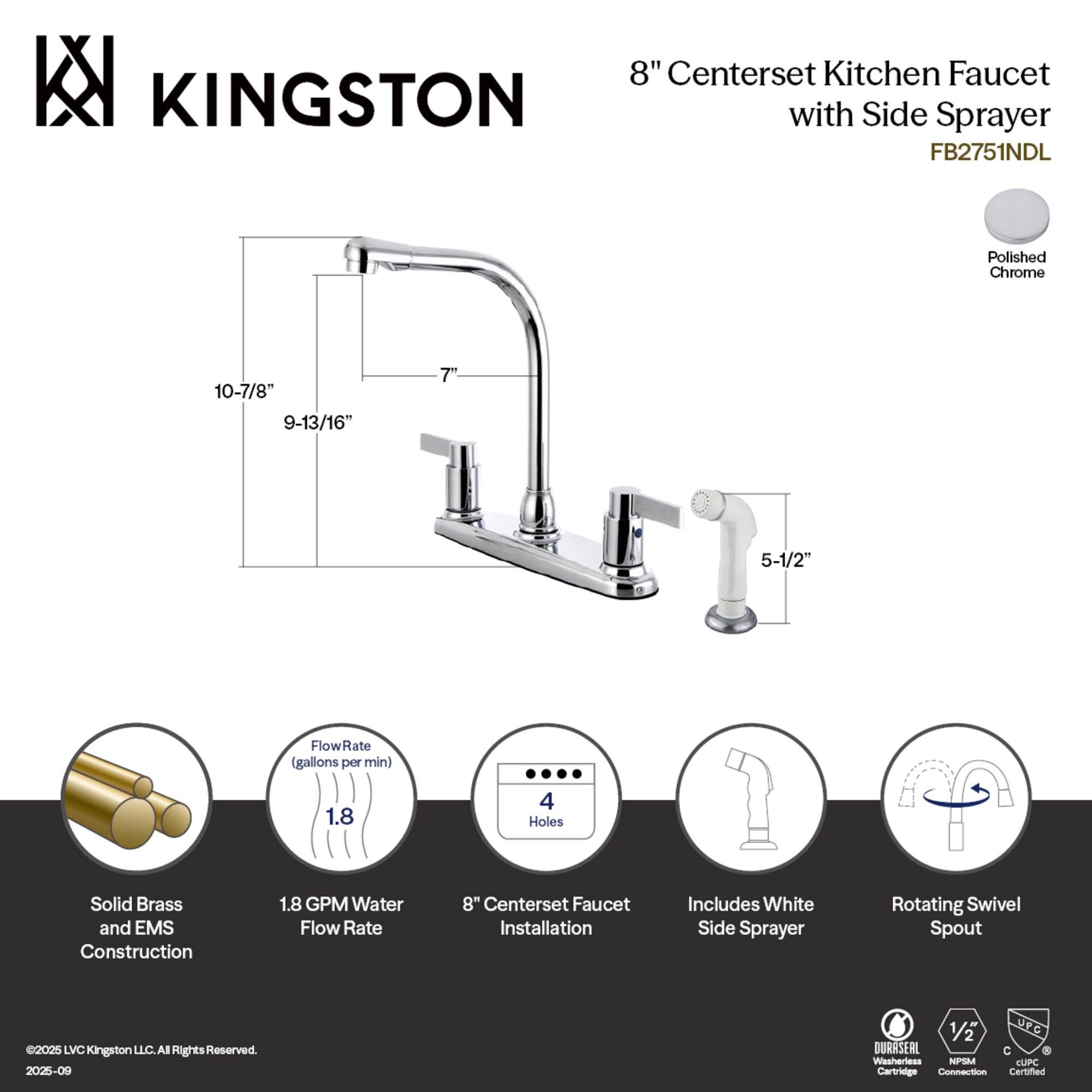 Kingston FB2751NDL NuvoFusion Two-Handle 4-Hole 8" Centerset Kitchen Faucet with Side Sprayer in Polished Chrome
