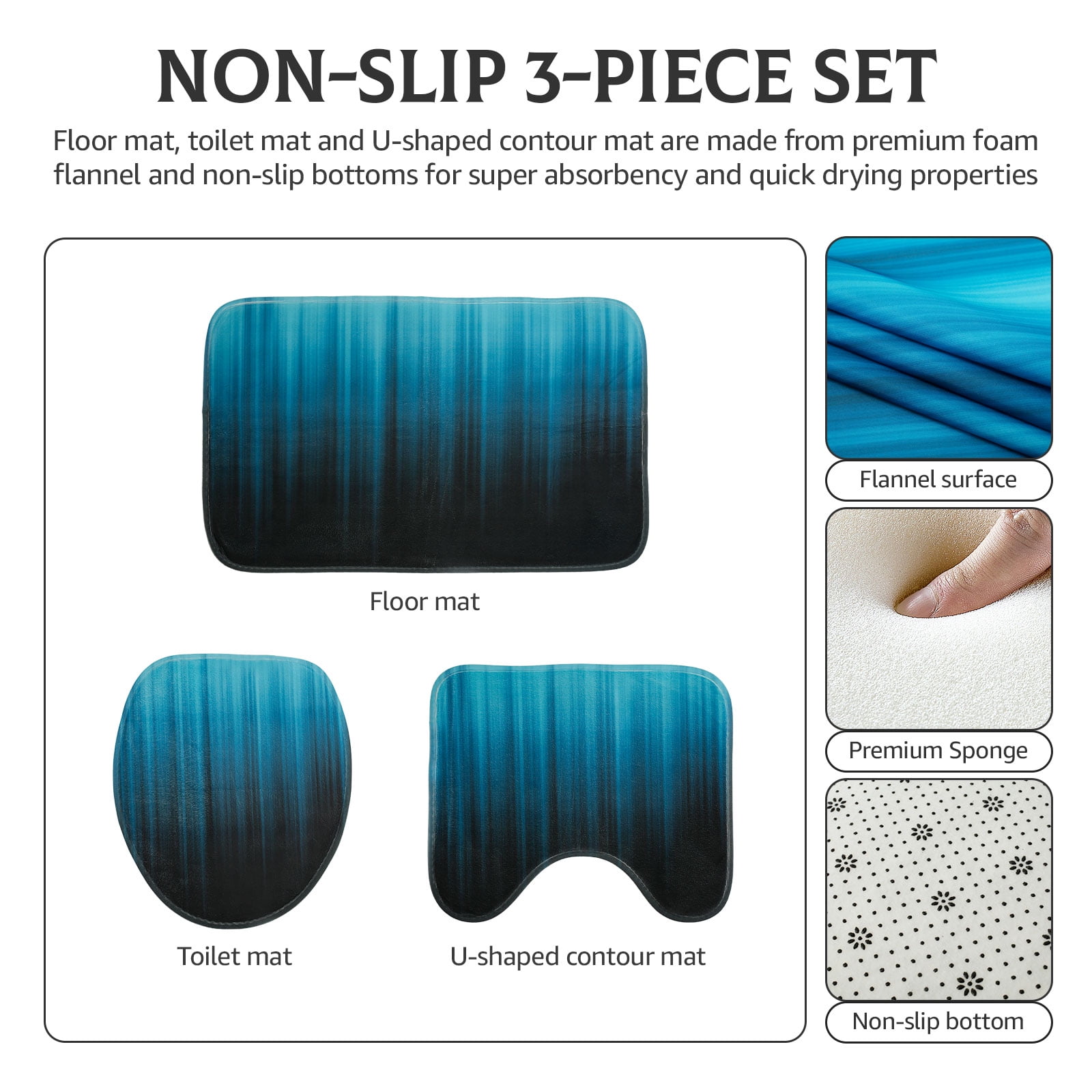 Dznils Black and Teal Ombre Shower Curtain Set with Rug, 16pc Modern Bathroom Decor Set, 72" x 72"