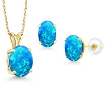 Gem Stone King 2.97 Ct Oval Cabochon Blue Simulated Opal 14K Yellow Gold Pendant and Earrings Jewelry Set