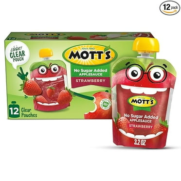 Motts No Sugar Added Strawberry Applesauce, 3.2 Oz Clear Pouches, 12 Count