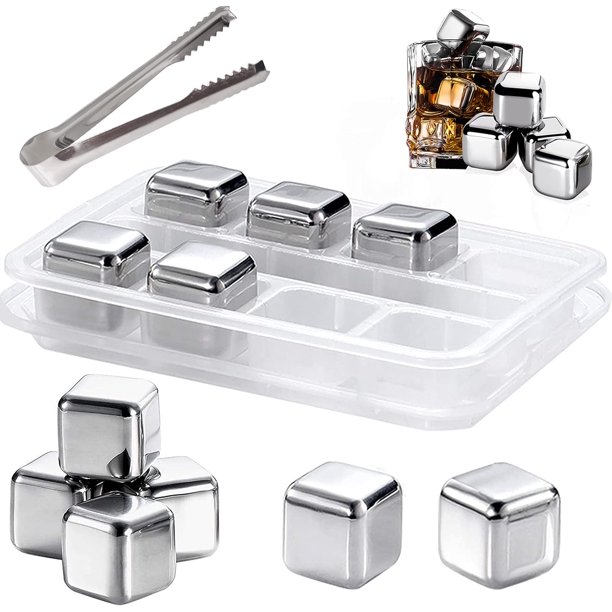 Cubitos de Hielo de Acero Inoxidable, Paquete de 8 Cubitos de Hielo Reutilizables, Piedras de Cubito de Hielo de Whisky Reutilizables con Pinzas y Bandeja para Hielo, Piedras de Congelación de A