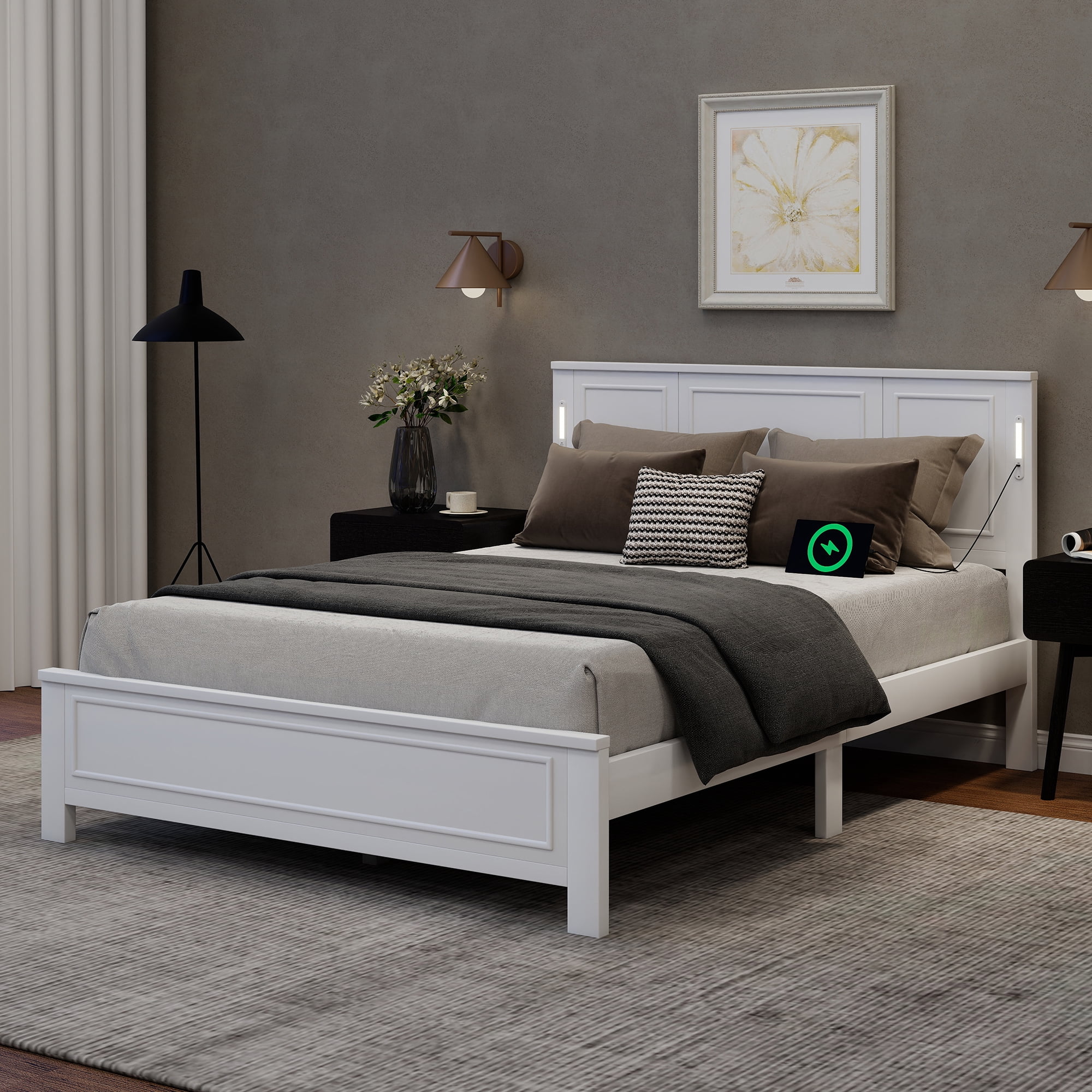 Mintazer Queen Size Bed Frame with LED Light & USB Charging Station, Modern Platform Bed with Under-Bed Storage & Tall-Panel Headboard, White