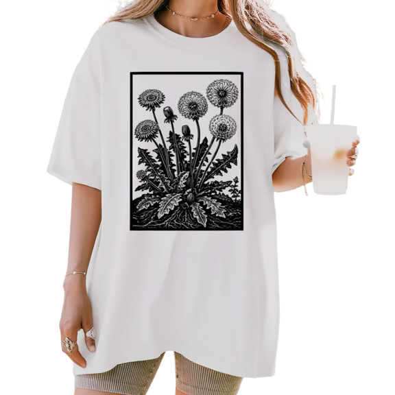 UNISHE Women's Black Frame Linocut Dandelion Botanical Block Print Floral Graphic Short Sleeve T-shirt Relaxed Fit
