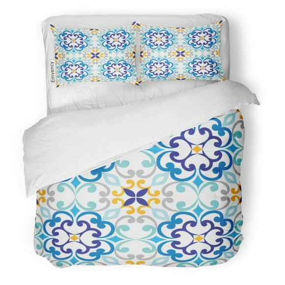 RYLABLUE 3 Piece Bedding Set Blue Mediterranean on Italian Tiles Majolica Pattern Abstract Antique Twin Size Duvet Cover with 2 Pillowcase for Home Bedding Room Decoration