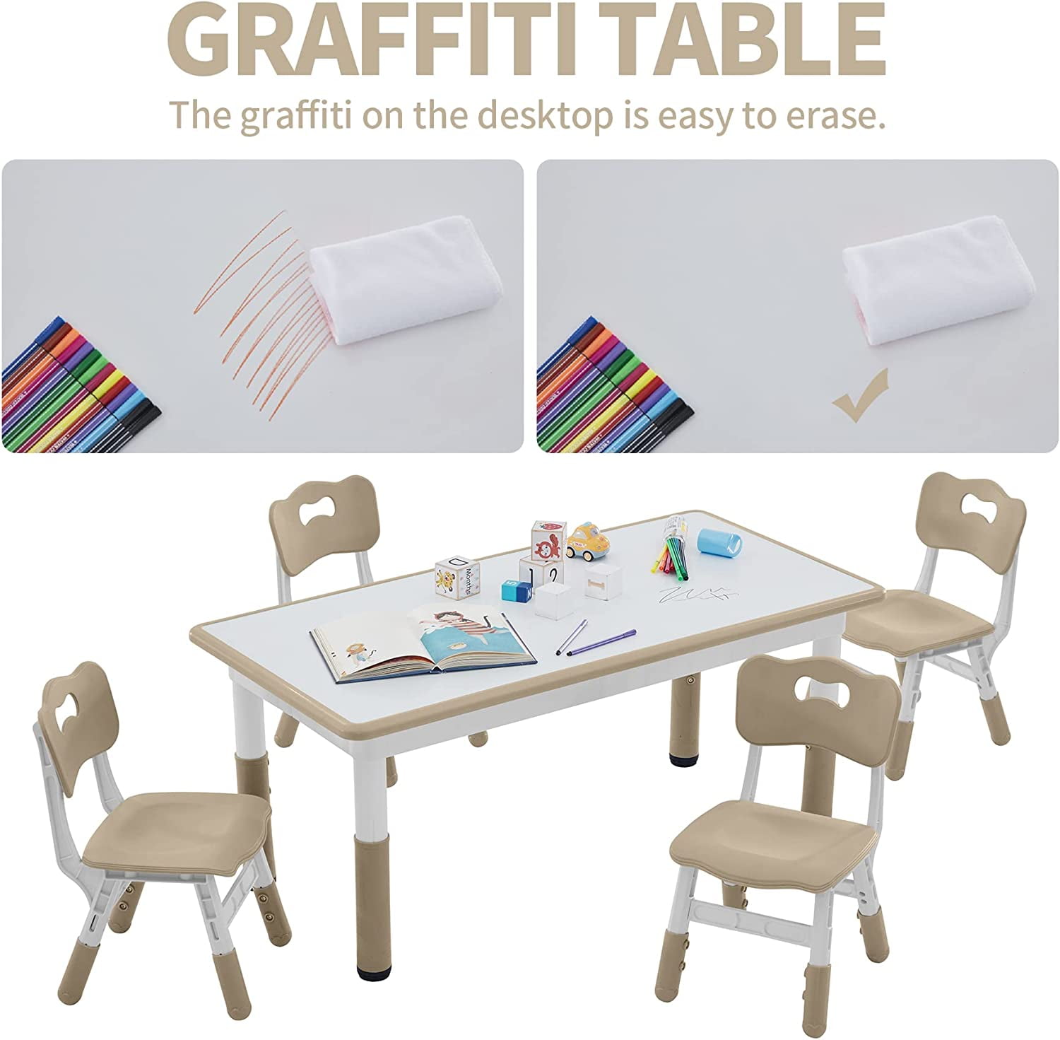 AINUO Toddler Table and Chairs Set for 4, 47.2''L x 23.6''W Kids Study Table and Chair Set, Height-Adjustable, Graffiti Desktop, Children Activity Table for Daycare, Classroom, Home