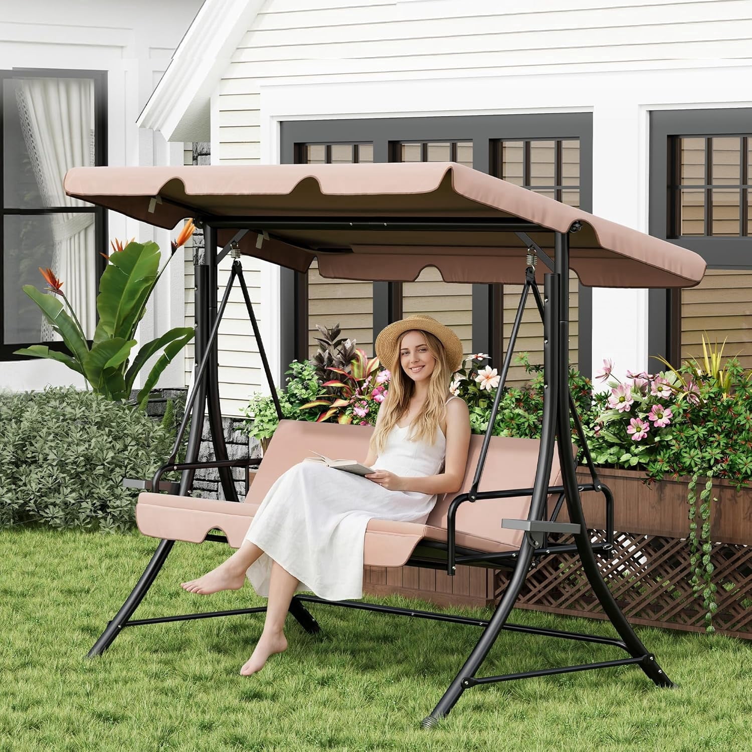 LAZZO 3-Seat Outdoor Porch Swing, Reclining Lounge Bed Convertible, Adjustable Canopy & Removable Cushions, Brown
