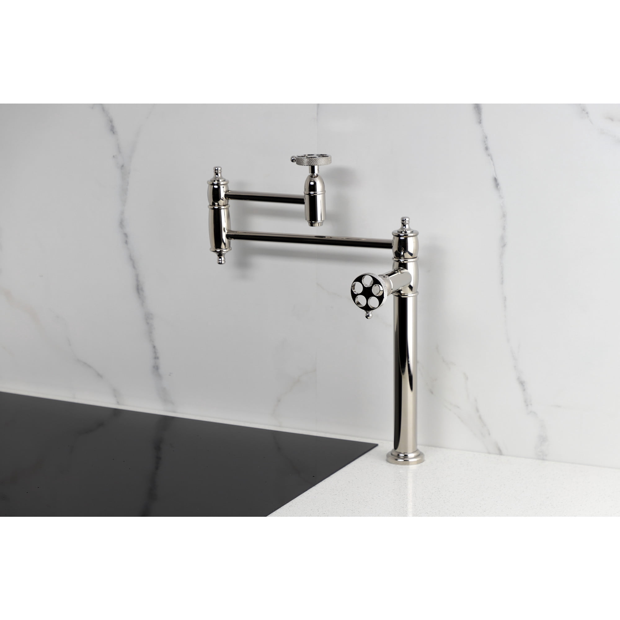 Kingston Brass KS3706RKX Webb Deck Mount Pot Filler Faucet with Knurled Handle, Polished Nickel