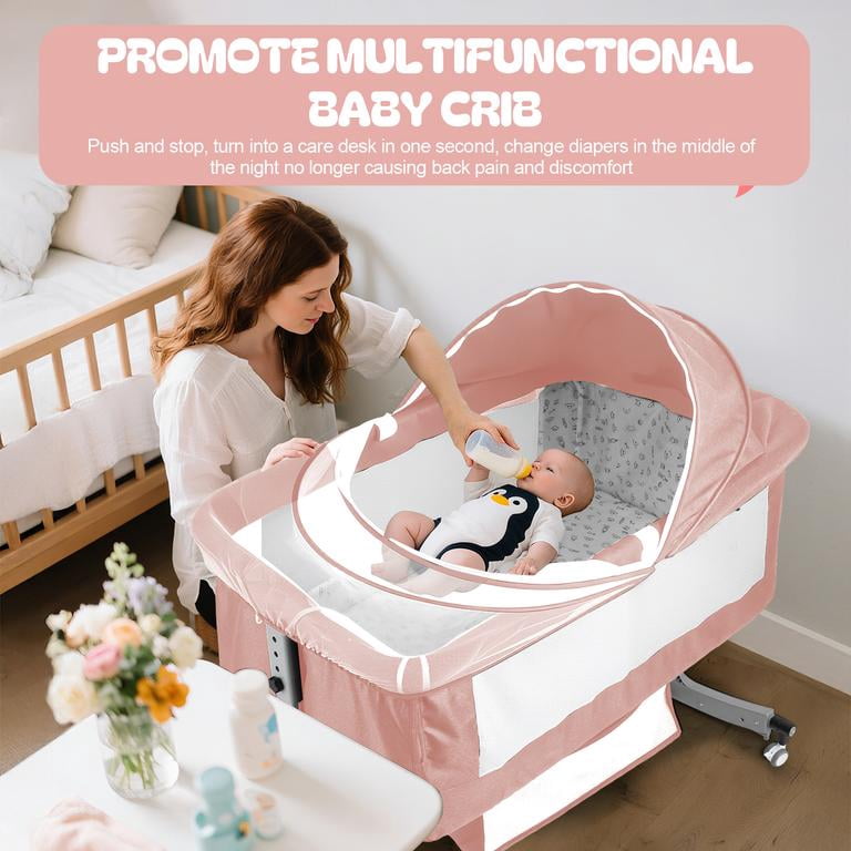 Dapmiu 4-in-1 Convertible Baby Crib, Bedside Sleeper with Changing Table, 6-Level Height Adjustable, Rocking Crib, Silent Wheels, Storage Basket, Mosquito Net, for Newborn to 24 Months,Ash Gray