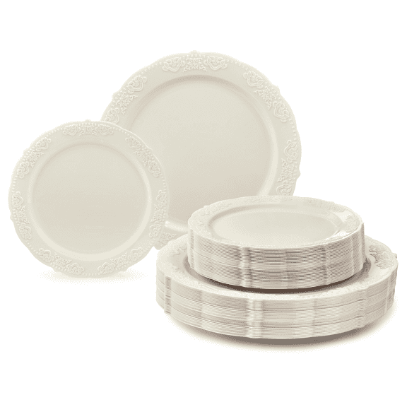 " OCCASIONS " 100 Plates Pack,(50 Guests) Vintage Wedding Party Disposable Plastic Plates Set -50x10.25'' Dinner 50x7.5'' Salad/Dessert Plate (Portofino Plain Ivory)