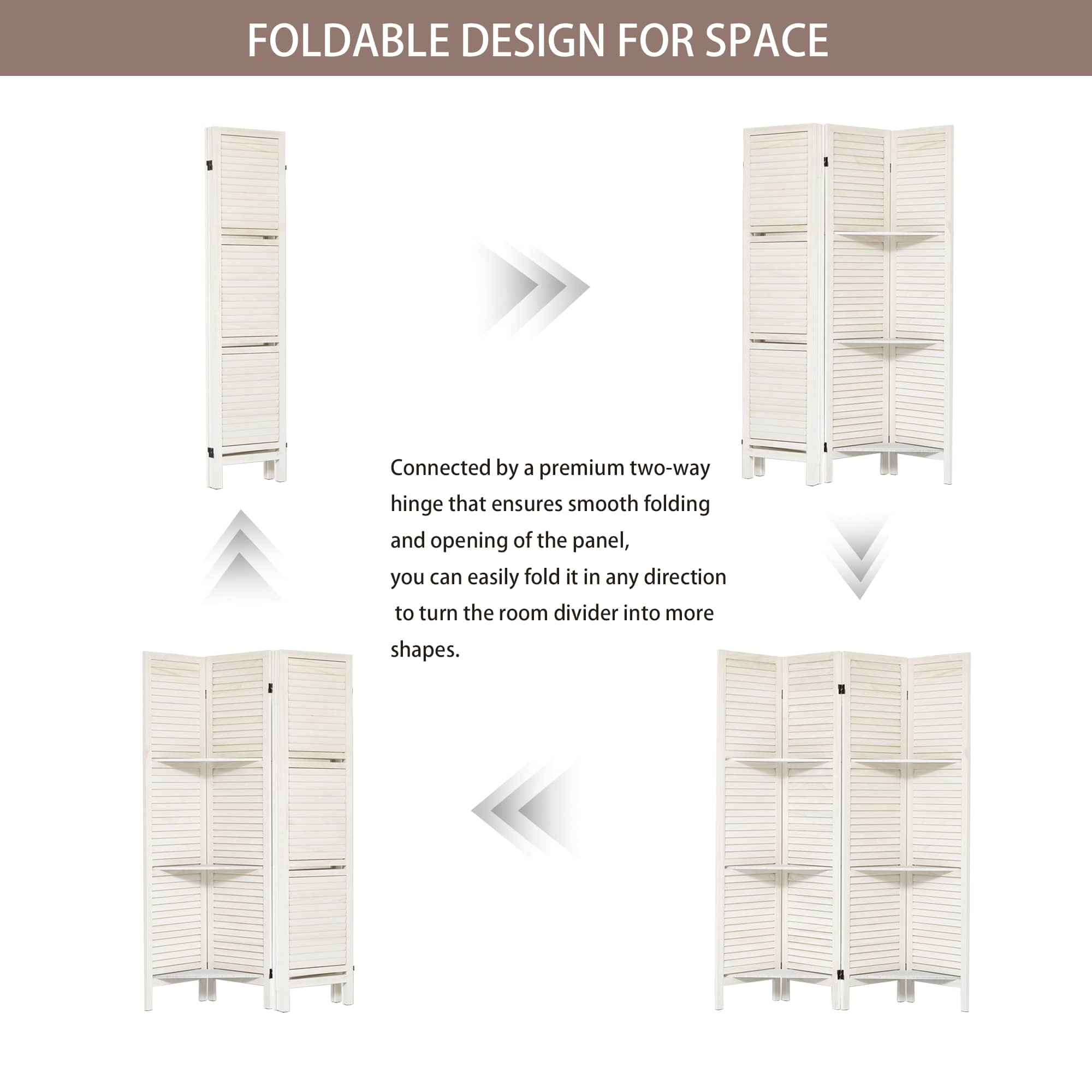 MAYEERTY 4 Panel Freestanding Room Divider with Shelves, 5.6Ft Folding Privacy Screens, Warm White
