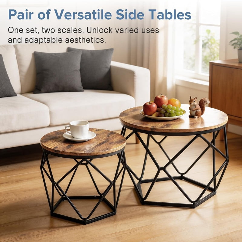 Simenmax 2-Piece Round Nesting Coffee Table Set with Hidden Storage, Modern Geometric Side Tables and Movable End Tables for Living Room, Brown
