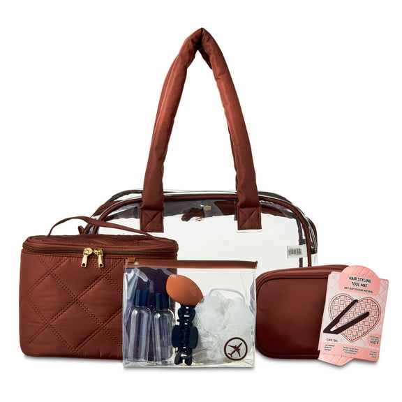 10-Piece Puffy Handle Getaway Travel Bag with Essentials, Clear and Mocha, by Walmart