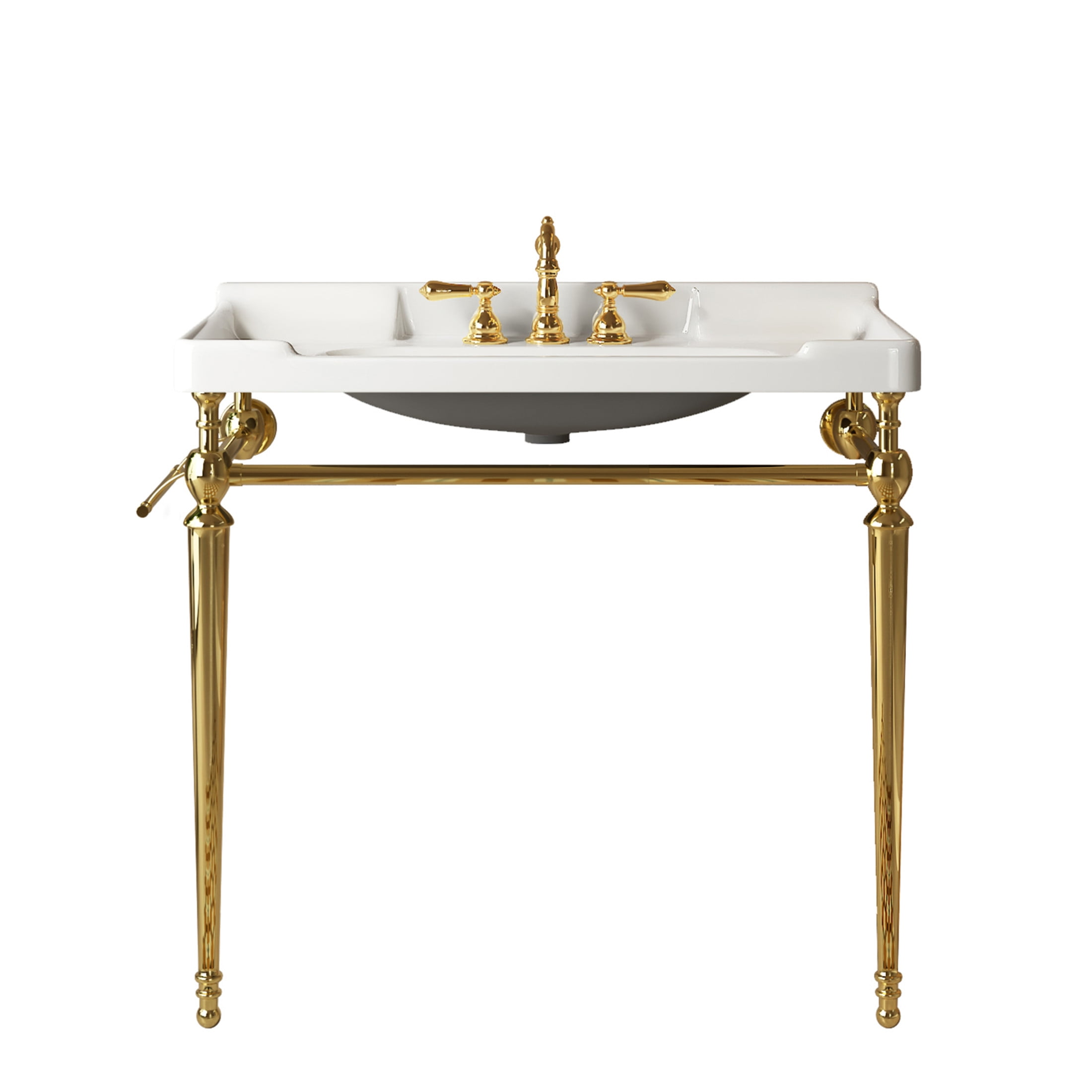 Noble House VICI 36" Bathroom Console Sink, Wall-Mounted Ceramic Basin Vanity with Stainless Steel Legs, White & Gold