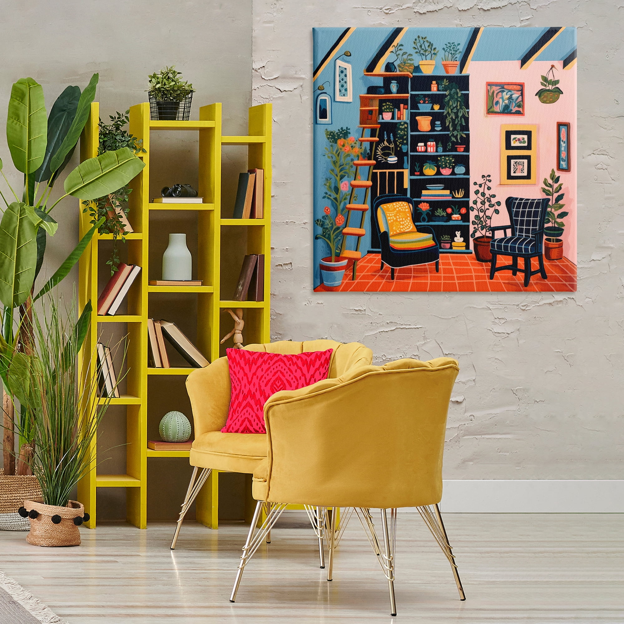 Stupell Industries Bookshelf Scene & Plants Furniture Painting Wrapped Canvas Art Print Wall Art, 36 x 36