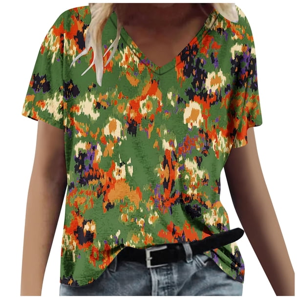 Tops Florales para las Mujeres, Casual V-Cuello Camiseta de Manga Corta Blusa de Moda Hecha de Estante de Imitación para Toda la Temporada de Uso Diario, Tops Cortos para las Mujeres