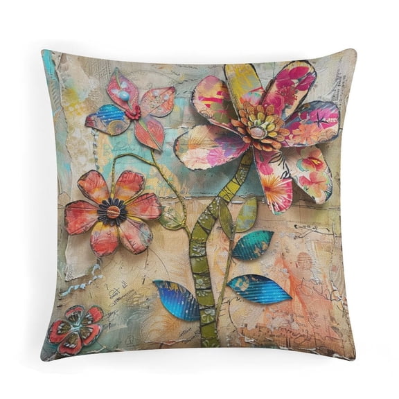 Colorful Flower Print Pillow Protector 16"x16" Summer Watercolor Floral Pink Purple Flower Girly Linen Pillow Cover Throw Pillows Cover Decoration for Sofa Couch