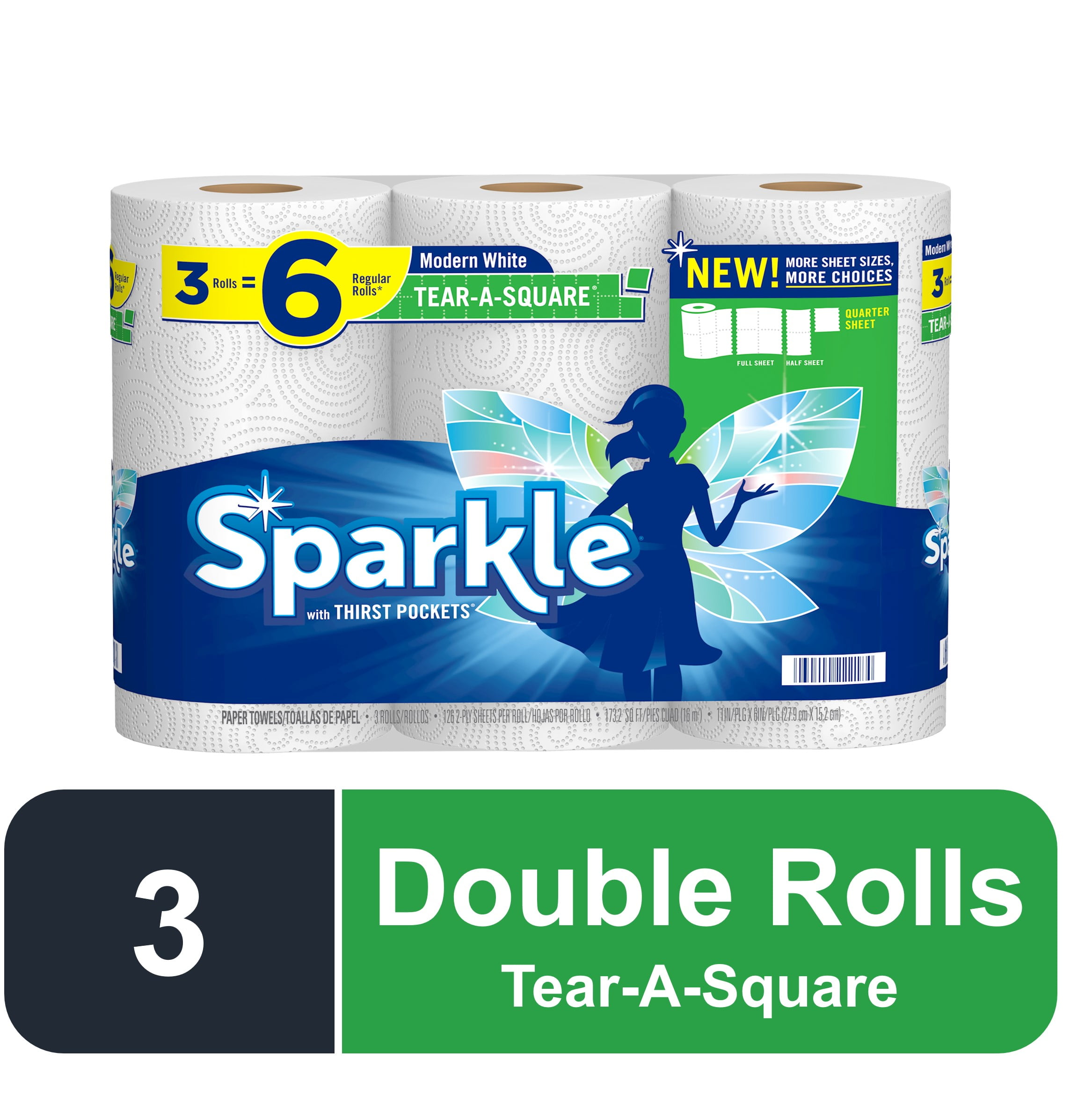 Sparkle TearASquare Paper Towels, White, 3 Double Rolls