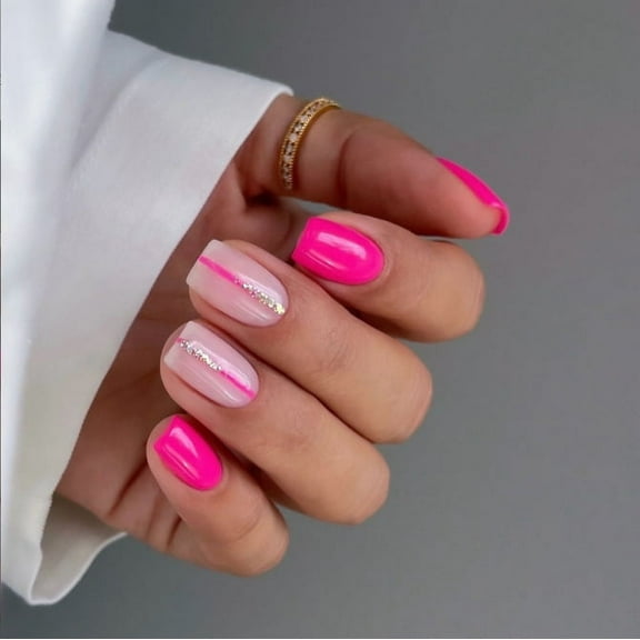 YTTAL French Short Square Press On Nails, Summer False Nails With Cute Flower Pink Design, Glossy Gel Finish Acrylic Nails, Thick Natural Reusable Nail Glue Set For Women, 24 Pieces