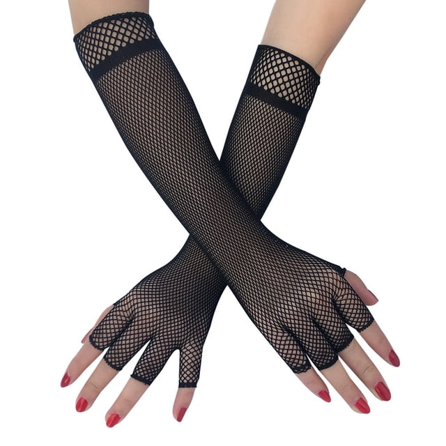Guantes de rejilla negros Perfecl hasta el codo de nylon para disfraces de baile