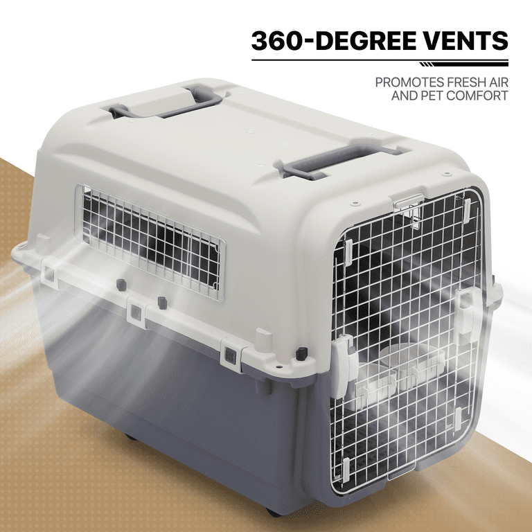 MoNiBloom 32 Cat Dog Carrier Cage Portable Pet Transport Box Airline Approved Pet Kennel with Bowls Wheels 30lbs Weight Capacity White Grey