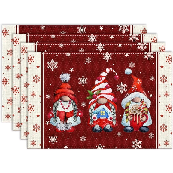 Christmas Placemats Set of 4, 12x18 Inch Red Buffalo Plaid Gnome Winter Xmas Snowflakes Star Farmhouse Seasonal Heat Resistant Table Mats for Dining Kitchen Birthday Party Holiday Decor