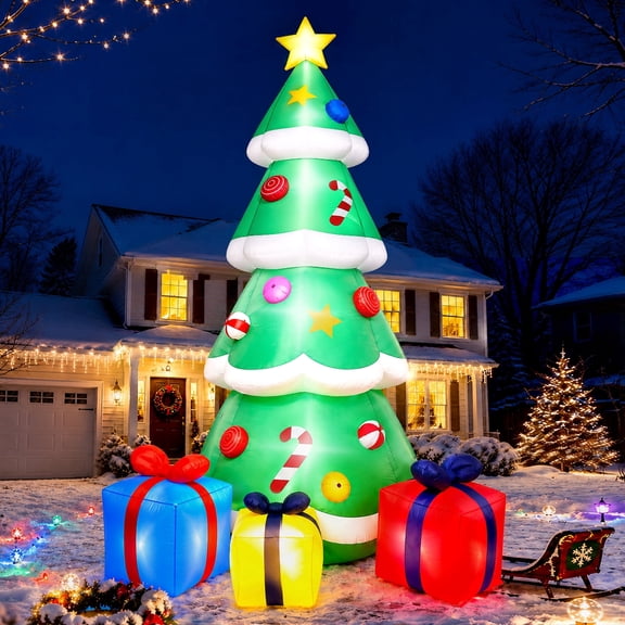 Goosiay 10FT Christmas Inflatables Tree with Built-In LED Lights and Gift Boxes, Giant Xmas Blow Up Tree Yard Decoration for Outdoor Yard Garden Lawn Decor,Green