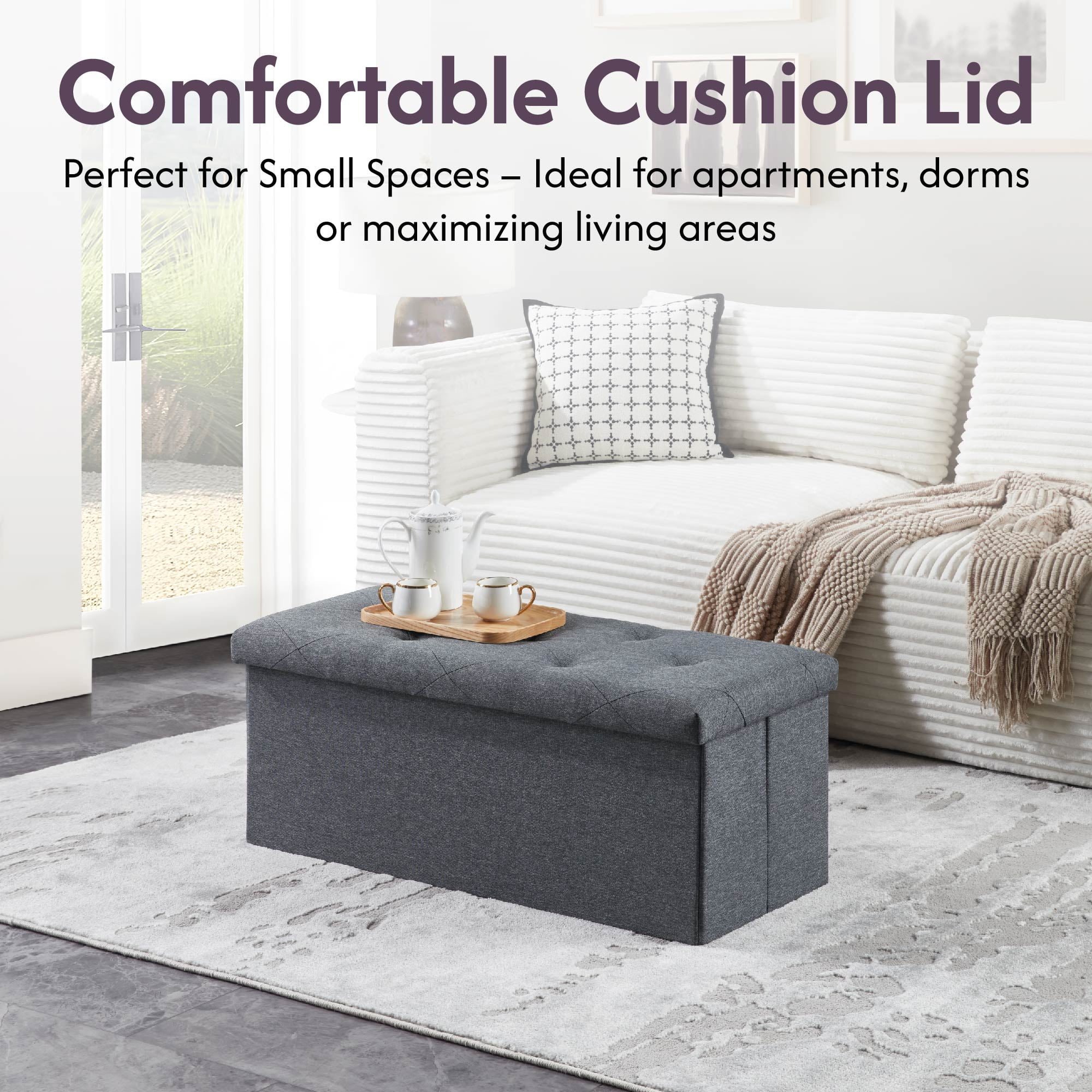 GARITIN 35-Inch Folding Storage Ottoman Bench with 129L Capacity, Linen Upholstered Foot Rest End of Bed Storage Chest, 250lb Support Space-Saving Foldable Seat for Living Room Bedroom Entryway, Gray
