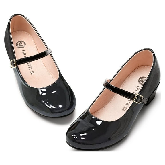 HOMEHOT Girls Mary Jane Shoes Casual Princess Ballerina Dress Shoes Low Heels Slip on Flat Shoes for School Party Wedding Black Size 2