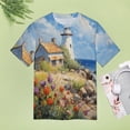 thumbnail image 4 of Lighthouse Sunrise Coast Scenery Pale Blue Tan Women's T-Shirt Short Sleeve T Shirts Tops Tee Ladies Loose T, 4 of 6