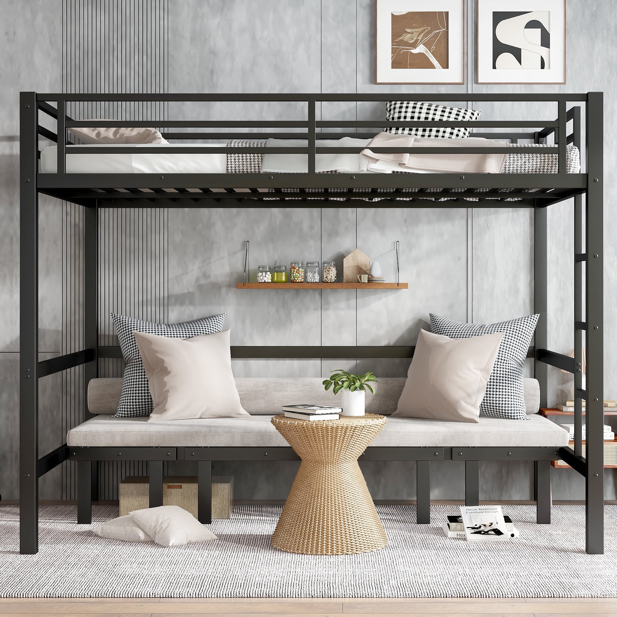 Mintazer Queen Over Queen Metal Bunk Bed with Pull-Out Lower Bed & Guardrails for Teens Adults Bedroom Dorm, Black