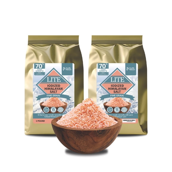 Pacific Pelican Iodized Lite Himalayan Pink Salt | 70% Less Sodium | Fine Grain, Unrefined, Pure Rock Salt, 100% Natural & Organic for Cooking, Seasoning & Wellness - Pack of 2