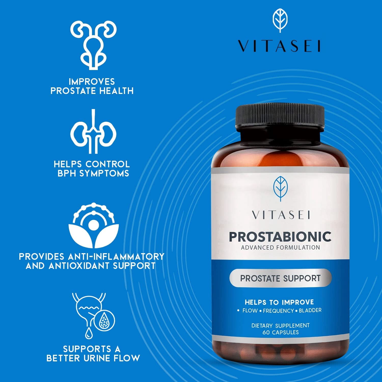 VITASEI Prostabionic Prostate Dietary Supplements for Men W/Saw Palmetto, Bio-quercetin & Pygeum Africanum, Reduce Bathroom Trips, Promotes Sleep & Better Bladder Emptying - 60 Capsules (Pack of 3)