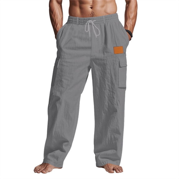 SeCaotees Linen‑Blend Drawstring Cargo Pants for Men Elastic Waist Loose Wide Leg Cut Soft Lightweight Fabric Multiple Side Pockets Beach Holiday Leisure Home Trousers Dark Gray,L