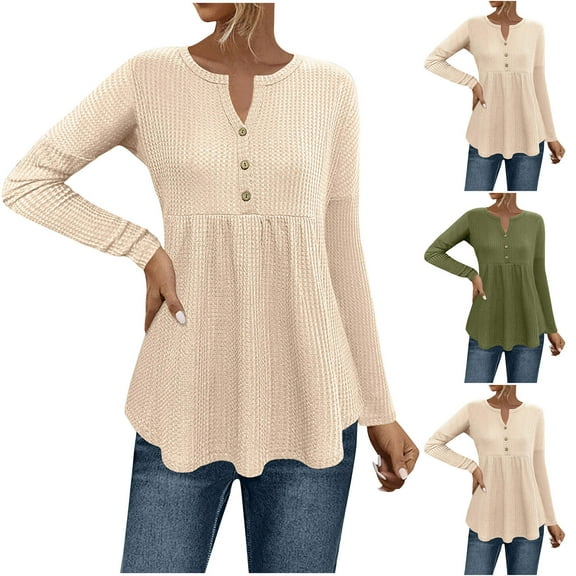 Fall Saving! HVOBTTY Womens Long Sleeve Pullover T Shirt, Fall Tops for Women, Women's Casual Fashion Comfortable Solid Color Crew Neck Button T Shirt Beige, S