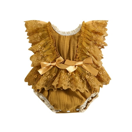 

Canrulo Newborn Baby Girl Boho Lace Ruffle Sleeve Romper Jumpsuit Bodysuit Princess Birthday Photoshoot Dress Caramel 3-6 Months