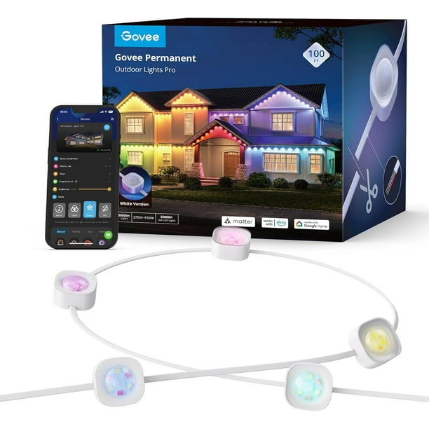 Govee Luces permanentes para exteriores Pro, 100 pies con 60 luces LED RGBIC de color blanco cálido y frío, 75 modos de escena para Halloween, Navidad, IP67 a prueba de agua, funciona con Alexa, Asist