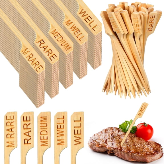 500 Pcs 3.5" Assorted Bamboo Wood Temperature Picks Steak Sticks Meat Doneness Markers Paddle Skewers for BBQ Barbecue Party Cocktail Fruit Grilling Roasting